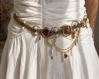 Vintage Gold Watch Pants Chain, Pearl Waist Chain, Punk Y2K Grunge Watch Bag Chain