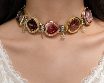 Vintage Watch Necklace Heart Charm, Steampunk Pendant Jewelry, Retro Statement Necklace, Unique Gift for Her, Handmade Watch Jewelry