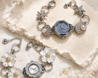 Y2K Watch Bracelet, Vintage Silver Charm Watch, Punk Chain Bracelet, Flower Pendant Wrist Watch, Retro Statement Jewelry Gift For Her
