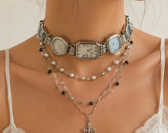 Vintage Watch Choker Necklace, Stainless Steel Cross Pendant Layered Necklace, Gothic Statement Jewelry, Unique Gift For Her,  Clock Chain