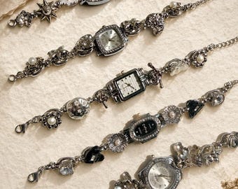 Vintage Silver Charm Watch Bracelet, Y2K Black Wrist Watch, Statement Button Bead Bracelet, Chain Bracelet for Women, Christmas gift for Her