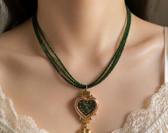 Beaded Heart Watch Necklace, Three Color Pendant Choker, Vintage Clock Jewelry, Romantic Valentine Gift for Her