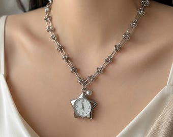 Silver Star Watch Necklace, Y2K Vintage Clock Pendant, Titanium Steel Chain Necklace, Punk Retro Statement Jewelry, Gift For Her