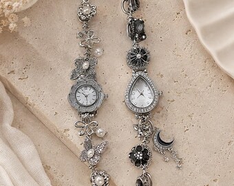 Vintage Charm Watch Bracelet, Y2K Silver Pearl Watch Jewelry, Retro Statement Chain Bracelet, Gothic Floral Wrist Watch Gift for Women