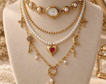 Pearl Watch Choker Necklace, Working Vintage Clock Jewelry, Gold Moon Layered Chain, Romantic Baroque Gift for Her