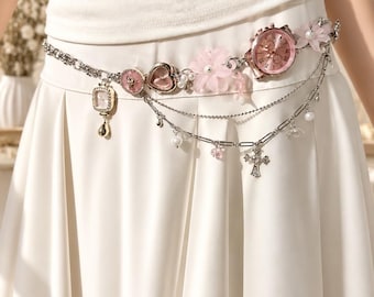 Pink Flower Watch Waist Belt, Layered Pearl Pants Chain, Y2K Heart Clock Chain, Cross Charm Jean Accessory, Gift for Her