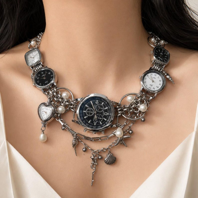 May include: A silver-toned statement necklace featuring multiple watch faces of varying shapes and sizes, including round and heart-shaped dials. The piece is accented with white faux pearls and small metallic charms shaped like seashells and starfish.