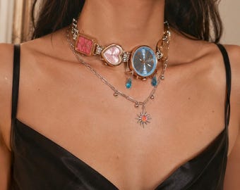 Y2K Watch Choker Necklace, Vintage Statement Clock Jewelry, Pink Blue Layered Watch Collar, Retro Fashion Necklace, Gift For Her
