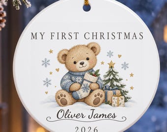 Baby Boy First Christmas Ornament, Personalized Teddy Keepsake, Sentimental Stocking Decorations, Illustrated Grandchild Collectible