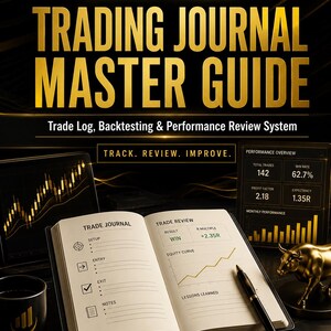 May include: A trading journal master guide with gold text on a black background. The open journal displays sections for trade setup, entry, exit, notes, and review with an equity curve graph. A black pen rests on the page next to a gold bull figurine.