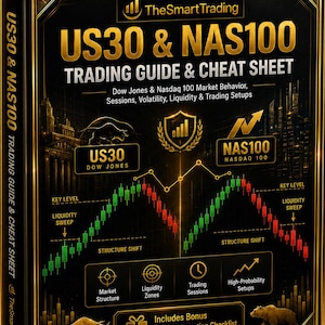 Könnte beinhalten: Ein schwarzes Hardcover-Buch mit dem Titel US30 & NAS100 Trading Guide & Cheat Sheet mit goldener Schrift und Grafiken. Das Cover zeigt ein Börsen-Kerzendiagramm, einen Bullen, einen Bären und Text zu Marktverhalten, Sitzungen und Setups.