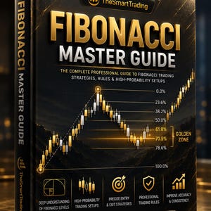 Może przedstawiać: Czarna książka zatytułowana Fibonacci Master Guide ze złotymi napisami i akcentami. Okładka zawiera wykres świecowy z poziomami zniesienia Fibonacciego, tekst TheSmartTrading oraz ikony przedstawiające strategie i zasady handlu.
