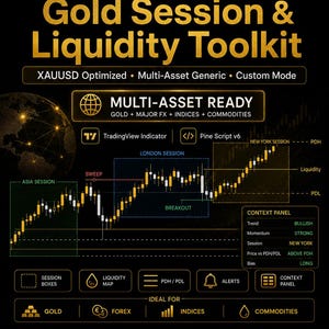 Puede incluir: Un gráfico digital para el Gold Session & Liquidity Toolkit de TheSmartTrading. Presenta un gráfico de velas con etiquetas para las sesiones de Asia, Londres y Nueva York, un panel de contexto e iconos sobre un fondo de color negro.