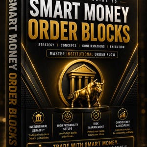 May include: A black book titled The Smart Trading The Complete Guide to Smart Money Order Blocks. The cover features gold text, a golden bull statue in front of a classical building icon, and various icons representing trading concepts.