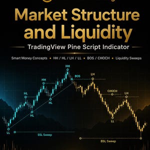 Op de afbeelding: Een digitale afbeelding met de titel TheSmartTrading Market Structure and Liquidity TradingView Pine Script Indicator. Het toont een candlestick-grafiek met labels voor HH, HL, LH, LL, BOS, CHOCH, SSL Sweep en BSL Sweep op een donkere achtergrond.