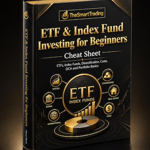 Könnte beinhalten: Ein schwarzes Buch mit dem Titel TheSmartTrading ETF & Index Fund Investing for Beginners Cheat Sheet. Das Cover zeigt goldenen Text, eine zentrale ETF Index Funds Grafik und Symbole für Aktien, Rohstoffe, Immobilien, Bargeld, Internationales und Anleihen.