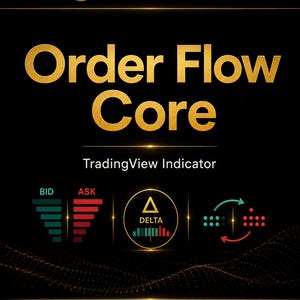 以下が含まれることがあります： TheSmartTrading Order Flow Core TradingViewインジケーターの黒いデジタルグラフィック。金色のテキスト、ビッドとアスクの棒グラフ、棒グラフ付きのデルタ三角形アイコン、ドット付きの円形矢印アイコンが特徴です。ダウンロードアイコンが含まれています。