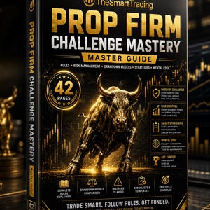 Pode incluir: Um livro preto intitulado Prop Firm Challenge Mastery Master Guide com uma ilustração de um touro dourado na capa. O texto inclui 42 Pages, Trade Smart. Follow Rules. Get Funded. Discipline Today, Freedom Tomorrow e vários temas.