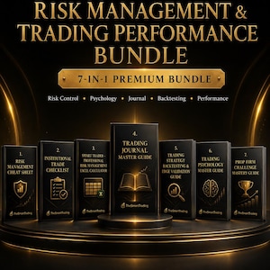 May include: A black and gold digital trading education bundle featuring seven guides titled Risk Management Cheat Sheet, Institutional Trade Checklist, Smart Trader Risk Management Excel Calculator, Trading Journal Master Guide, Trading Strategy Backtesting, Trading Psychology Master Guide, and Prop Firm Challenge Mastery Guide.