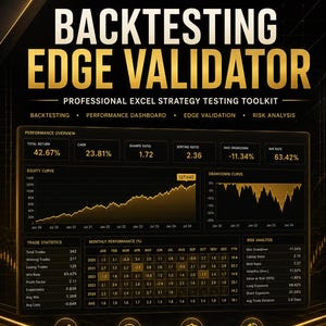 May include: The Smart Trading Backtesting Edge Validator is a professional Excel strategy testing toolkit. The interface displays a performance overview, equity curve, drawdown curve, trade statistics, monthly performance table, and risk analysis.