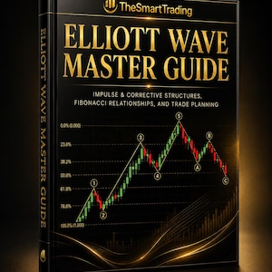 May include: A black hardcover book titled ELLIOTT WAVE MASTER GUIDE by TheSmartTrading. The cover features gold text, a subtitle about impulse and corrective structures, and a candlestick chart with Fibonacci retracement levels and wave labels.