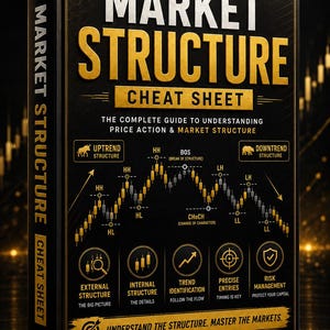 May include: A black book titled Market Structure Cheat Sheet with gold lettering and graphics. The cover displays a candlestick chart with labels like HH, HL, LH, LL, BOS, and CHoCH, alongside icons for external structure, trend identification, and risk management.