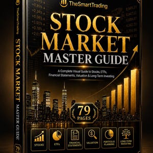 Könnte beinhalten: Ein schwarzes Buch mit dem Titel Stock Market Master Guide von TheSmartTrading mit goldener Schrift und Grafiken. Das Cover zeigt eine Skyline, ein steigendes Balkendiagramm und sechs Symbole mit den Bezeichnungen Stocks, ETFs, Financial Statements, Valuation, Portfolio Planning und Long-Term Investing. Es umfasst 79 Seiten.