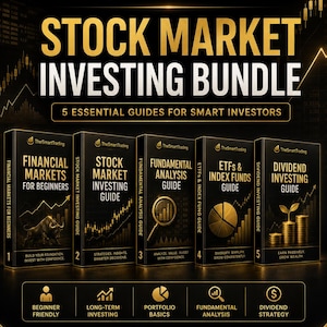 May include: A digital product bundle titled The Smart Trading Stock Market Investing Bundle, featuring five black books with gold text and graphics. The guides cover financial markets, stock market investing, fundamental analysis, ETFs, and dividends.