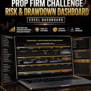 Könnte beinhalten: Ein Laptop zeigt das TheSmartTrading Prop Firm Challenge Risk & Drawdown Dashboard in Excel. Der Bildschirm zeigt Abschnitte für die Herausforderungsübersicht, Risikoregeln und Handelsleistung mit goldenem und schwarzem Text auf dunklem Grund.