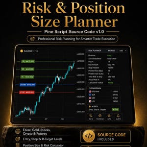 Op de afbeelding: Een digitaal display met de Pine Script broncode v1.0 voor de TheSmartTrading Risk & Position Size Planner. Het scherm toont een financiële candlestick-grafiek voor XAUUSD met entry-, stop- en targetniveaus, naast een risicobeheer-dashboard.