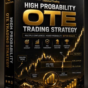 Op de afbeelding: Een zwarte rechthoekige doos met gouden tekst en afbeeldingen voor TheSmartTrading High Probability OTE Trading Strategy. Het ontwerp bevat een candlestick-grafiek, een gouden stier, handelsiconen en de tekst Plan your trade.