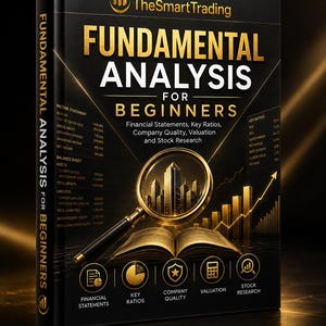 Puede incluir: Un libro negro titulado TheSmartTrading Fundamental Analysis for Beginners con texto y gráficos dorados. La portada muestra una lupa sobre un libro abierto, un horizonte urbano, estados financieros, ratios y cinco iconos.
