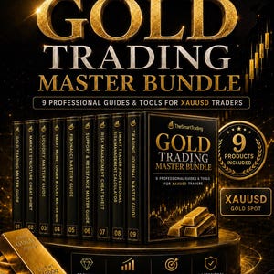 Può includere: Un Gold Trading Master Bundle che include nove guide e strumenti professionali per trader XAUUSD. Il set presenta una scatola con libri numerati da 01 a 09, lingotti d'oro e testo che evidenzia la qualità premium e un approccio strutturato.