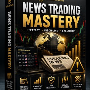 May include: A black rectangular box titled News Trading Mastery with gold text and graphics. It features a globe, a laptop showing an economic calendar, a newspaper, and icons for strategy, discipline, and execution. The text reads Prepare, Adapt, Execute, Succeed.