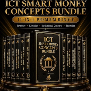 以下が含まれることがあります： Market Structure、Liquidity、Institutional Trade Checklistなどの取引トピックがラベル付けされた11冊の本を含む、黒と金の11-in-1 ICT Smart Money Conceptsバンドル。金色のテキストとロゴが施された円形のプラットフォーム上に配置されています。