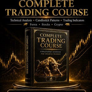 Pode incluir: Um livro preto intitulado Complete Trading Course com uma ilustração de um touro dourado na capa. O texto inclui TheSmartTrading, Technical Analysis, Candlestick Patterns, Trading Indicators, Forex, Stocks, Crypto e Structured Learning for Serious Traders.