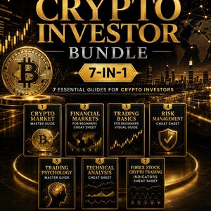 May include: A digital graphic titled TheSmartTrading Crypto Investor Bundle 7-in-1 featuring seven guides for investors. The black and gold design includes a Bitcoin coin, a city skyline, and text labels for market, financial, trading, and risk topics.