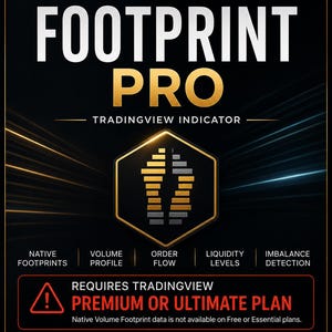 以下が含まれることがあります： TheSmartTrading Footprint Pro TradingViewインジケーターの黒いデジタルグラフィック。中央の六角形のアイコンには金と灰色の棒グラフがあり、機能が記載されたテキストと赤い警告ボックスが表示されています。