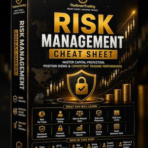 May include: A black box titled Risk Management Cheat Sheet with gold text and graphics. It features a central shield icon with a padlock, stacks of coins, and trading charts. The text lists learning topics like position sizing and risk-to-reward ratio.