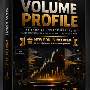 Op de afbeelding: Een zwarte rechthoekige doos met de titel TheSmartTrading VOLUME PROFILE, The Complete Professional Guide. De cover bevat gouden tekst, een centrale candlestick-grafiek en labels voor HVN, LVN, VAH, POC en VAL.