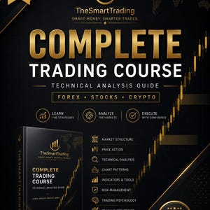 May include: A black and gold digital PDF guide titled TheSmartTrading Complete Trading Course Technical Analysis Guide for Forex, Stocks, and Crypto. It features a 33-page document icon, market analysis icons, and text detailing topics like market structure, price action, and risk management.