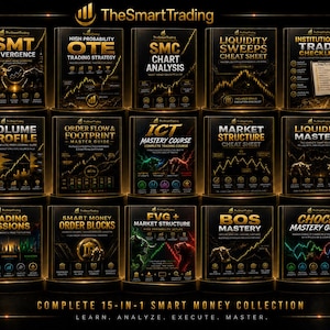 Puede incluir: Una colección de 15 guías de trading negras con texto y gráficos dorados, que incluye títulos como SMT Divergence, ICT Mastery Course y Liquidity Mastery. El conjunto está etiquetado como Complete 15-in-1 Smart Money Collection con el texto Learn, Analyze, Execute, Master.