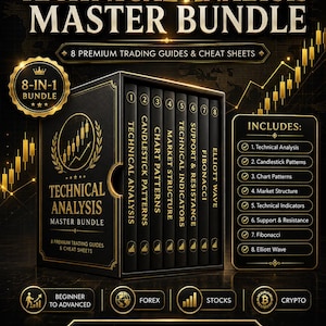 Peut inclure: Un coffret noir et or intitulé Technical Analysis Master Bundle contenant huit guides de trading. Les tranches sont numérotées de un à huit, couvrant des sujets comme les chandeliers, la structure du marché et Fibonacci. Inclut une liste de contenu.