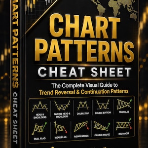 Może przedstawiać: Czarna książka w twardej oprawie zatytułowana Chart Patterns Cheat Sheet: The Complete Visual Guide to Trend Reversal & Continuation Patterns. Okładka zawiera złoty tekst, mapę świata oraz dziesięć wzorów wykresów finansowych.