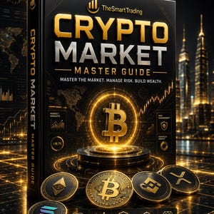 May include: A black book titled Crypto Market Master Guide with gold lettering and a glowing Bitcoin symbol. The cover features the text Master the Market. Manage Risk. Build Wealth. Several gold and black cryptocurrency coins are arranged in front.