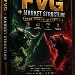 May include: A black book titled FVG + MARKET STRUCTURE with gold lettering. The cover features a green bull and a red bear facing each other, separated by a candlestick chart. Text includes MASTER THE EDGE, TRADE WITH CONFIDENCE, and various trading icons.