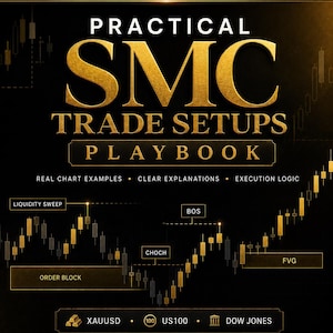 May include: A black and gold educational playbook titled Practical SMC Trade Setups by TheSmartTrading. The cover features financial candlestick charts with labels including Liquidity Sweep, BOS, CHOCH, FVG, and Order Block, plus XAUUSD, US100, and Dow Jones icons.