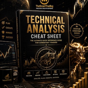May include: A black book titled Technical Analysis Cheat Sheet with gold lettering and a bull graphic. The cover features the text The Ultimate Quick Reference Guide For Consistent Traders and Analyze, Plan, Execute, Succeed. It includes icons for price action, indicators, chart patterns, key levels, and risk management.
