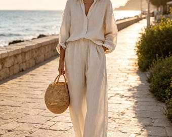 Cotton Linen Matching Co Ord Set for Women, Button Down Shirt Paired with Wide Leg Pants Summer Daily Casual Outfit