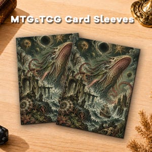 May include: Two rectangular MTG & TCG Card Sleeves featuring a dark, surreal illustration of a multi-eyed whale-like creature soaring above a stormy sea, ancient stone ruins, and a ship. The text MTG & TCG Card Sleeves is printed at the top.